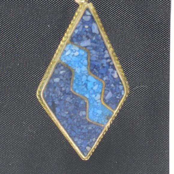 Vintage Alpaca Mexico Inlay Earrings Blue Turquoise Silver Diamond Shape Dangle - Picture 3 of 9